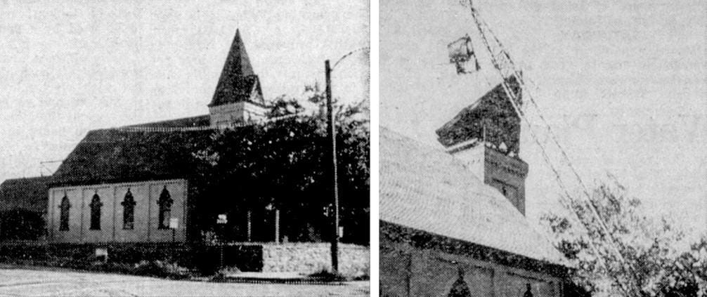 Colorado Transcript photos from 1961 - photo on the left shows the church before demolition and photo on the right shows the steeple being pulled down