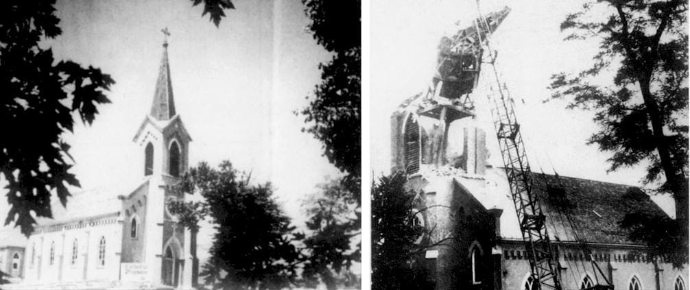 Colorado Transcript photos of St. Joseph's Catholic church being demolished.  Photo on the left shows whole church and photo on the right shows the spire being pulled down.