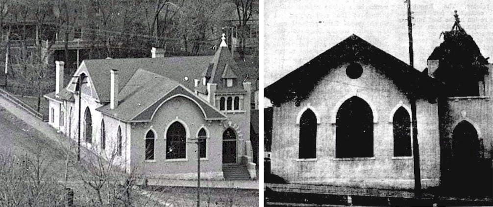 Photo on the left shows the First Methodist church whole (Denver Public Library Western History Collection); photo on the right shows the bell tower under demolition (Colorado Transcript)