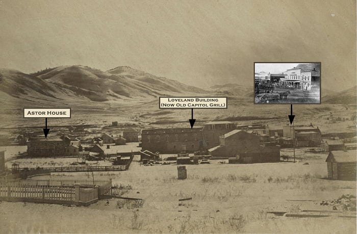 Golden Colorado in 1868 with snow on the ground.  The Astor House and Loveland building are both visible, as are the buildings in the 1100 block (east) of Washington Avenue.  An inset of another old photo shows a closer view of the store buildings.