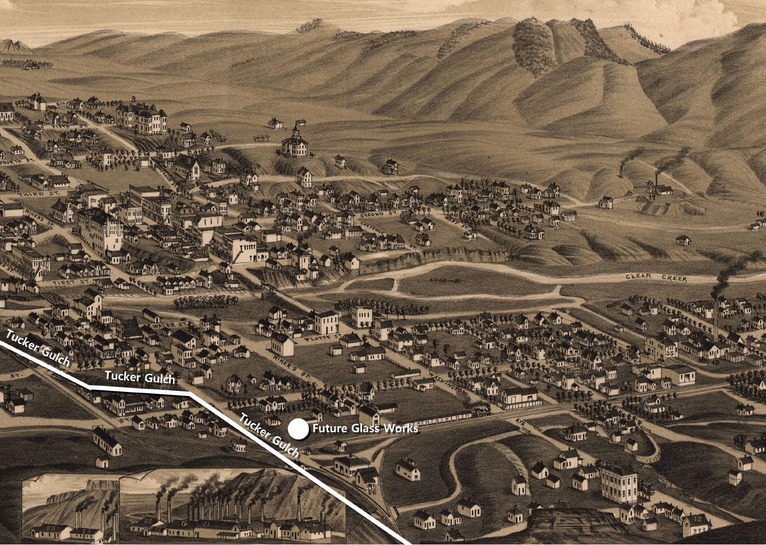 drawing of Golden in 1882 with the path of Tucker Gulch and the future site of the glass works marked
