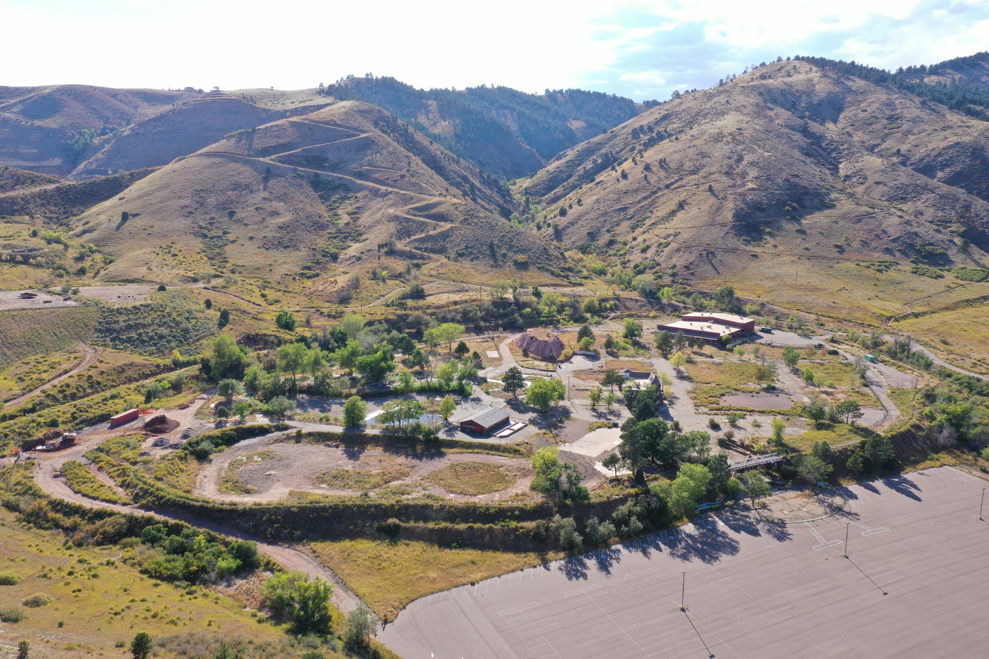 drone photo of the former Heritage Square - path of the former alpine slide is still outlined on mountain