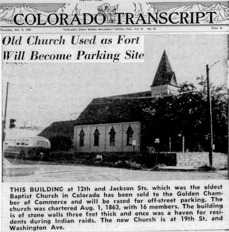 newspaper clipping showing church and bus - caption says church was used to shelter residents during Indian raids