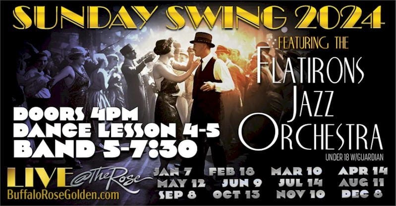 Sunday Swing with the Flatirons Jazz Orchestra shows image of a crowd swing-dancing
