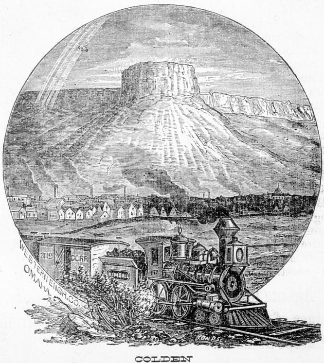 pen and ink drawing of locomotive with coal tender and freight cars with Golden and Castle Rock in the background.