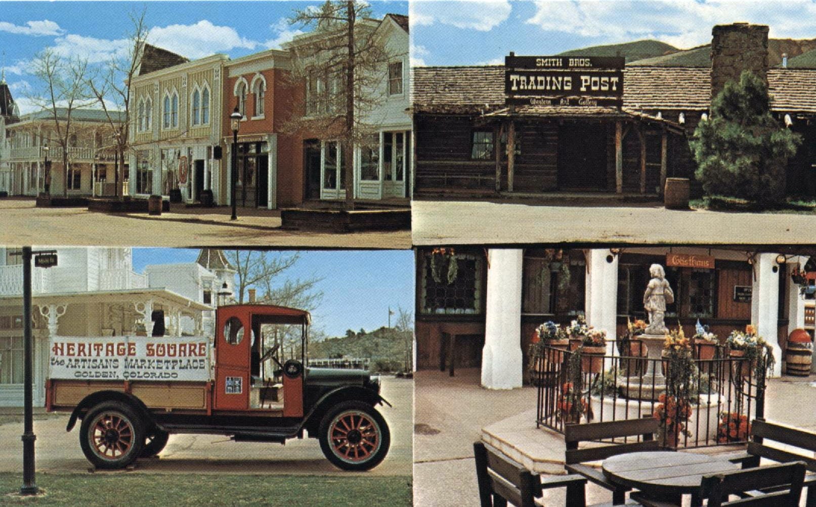 postcard showing two views of the Heritage Square building and an old pickup truck saying "Artisans Marketplace"