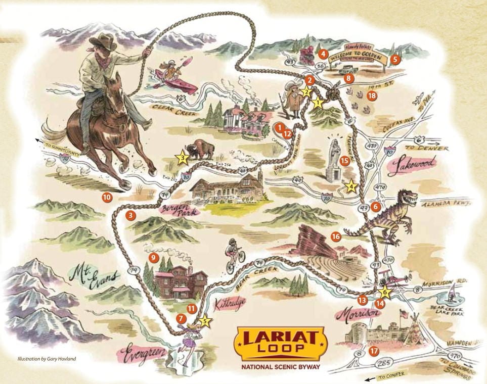 cartoon-style map showing highlights along Lariat Loop including log cabin, red rocks amphitheater, and a dinosaur