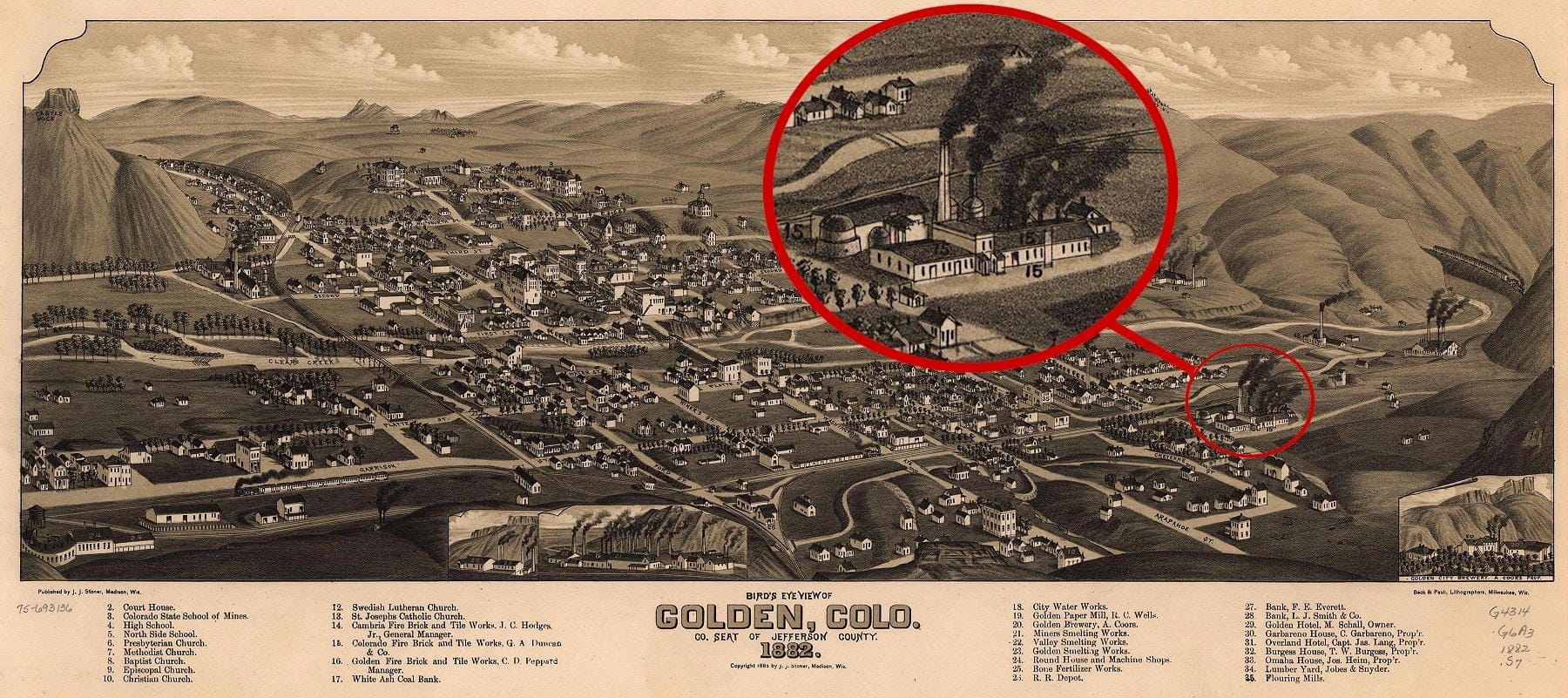 3D drawing of Golden in 1882 with enlarged section showing the brickworks, with several smokestacks producing black smoke