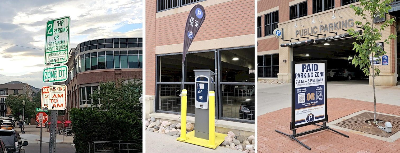2 hour parking sign, "Pay Here" kiosk, and "PAID PARKING ZONE" sign in front of the garage