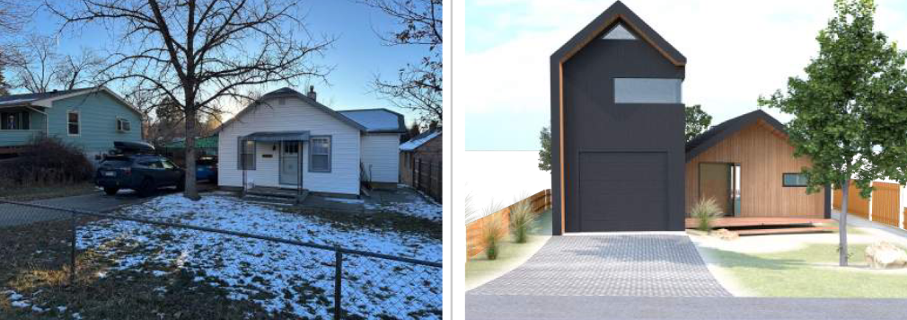 left picture shows small white one story house; right picture shows a garage added to left side with 2nd story above