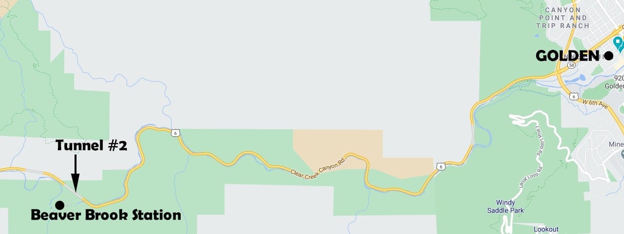 map showing Golden at the east end of Clear Creek Canyon, and Beaver Brook Station out near Tunnel #2