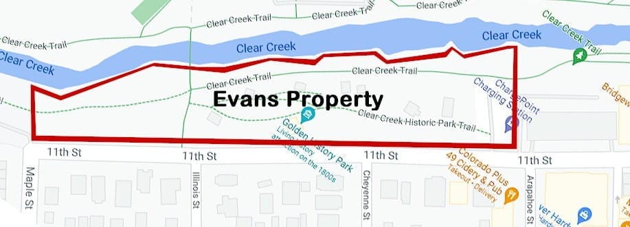 map showing property between 11th street and Clear Creek, Arapaoe to Maple Street