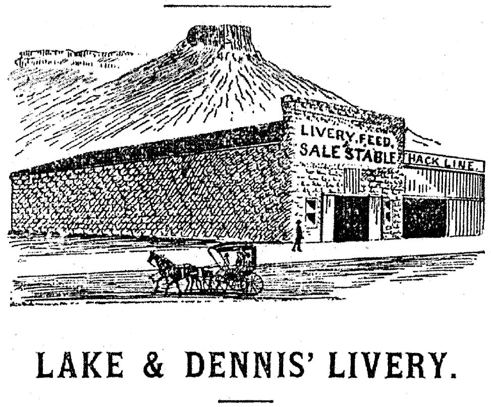 drawing of stone stable with Castle Rock in background, team pulling buggy driving in front