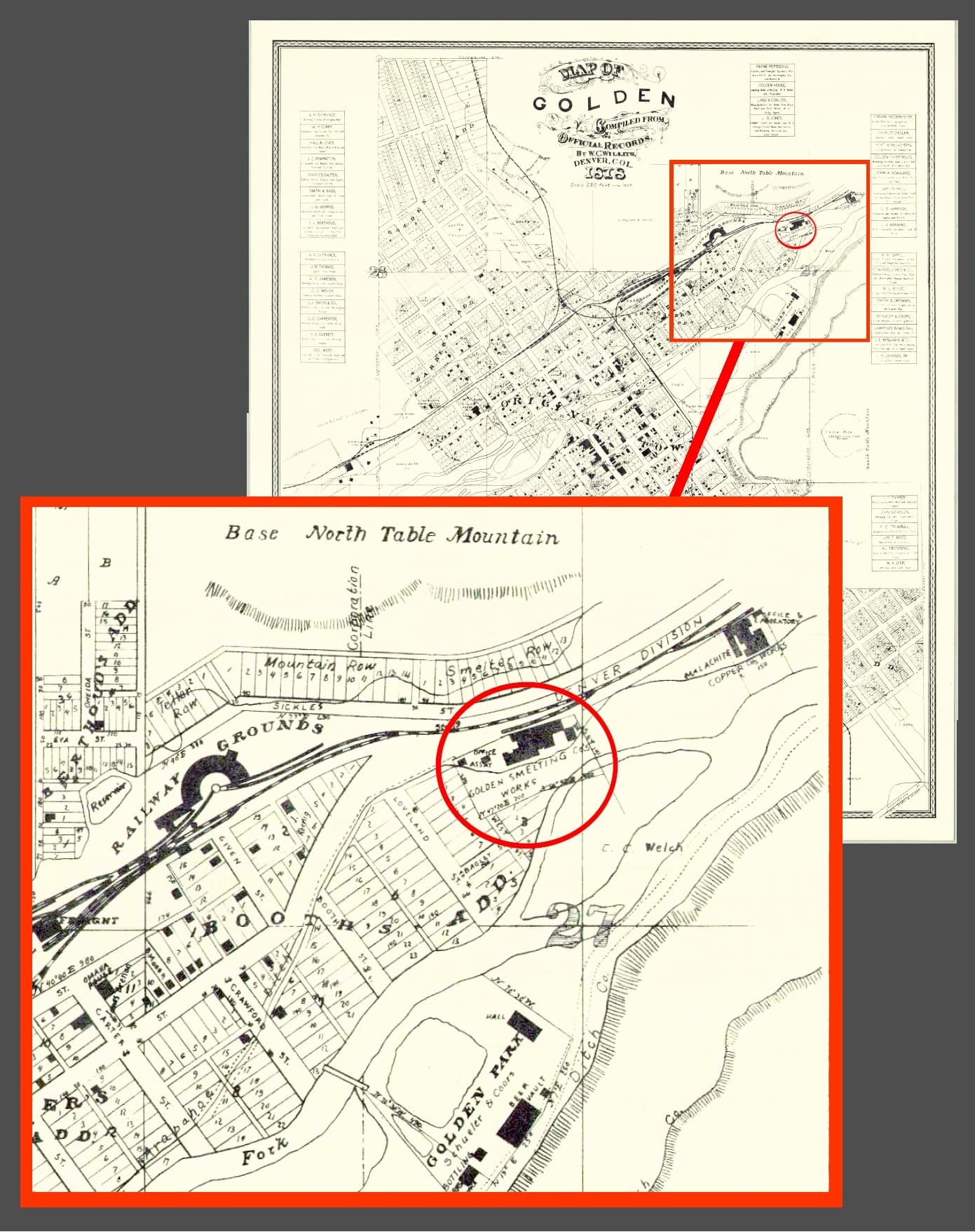 hand-drawn map of Golden in 1878 with the section including the smelter enlarged