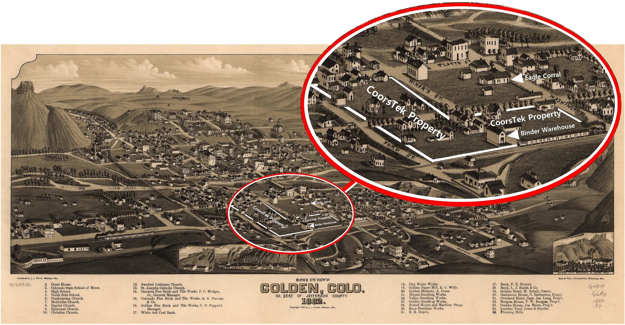 hand-drawn view of Golden in 1882.  A warehouse next to the railroad and a nearby commercial building are circled