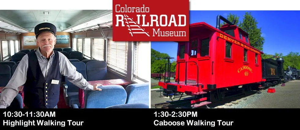 Conductor in a passenger car on left and caboose on the right