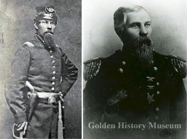 left: young bearded man in CivilWar officer's uniform. Right: same man, older, in general's uniform with medals 