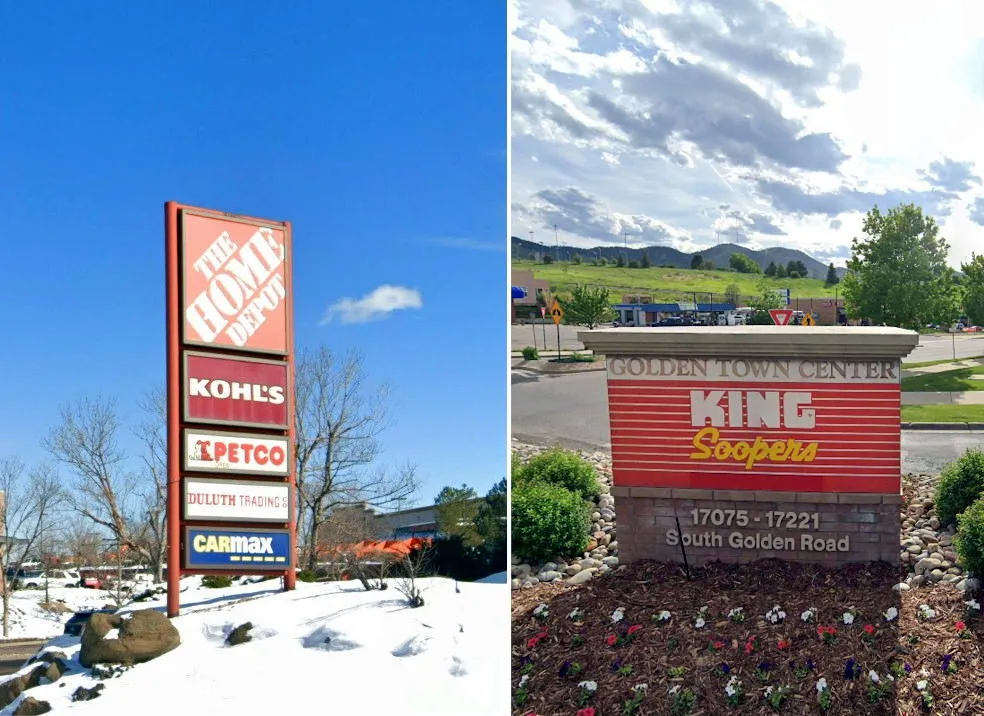 Sign on left lists Home Depot, Kohl's, Petco, Deluth Trading, and Carmax. Sign on right shows King Soopers.