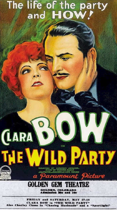 movie poster for The Wild Party, starring Clara Bow, plus newspaper clipping showing performances at Golden Gem