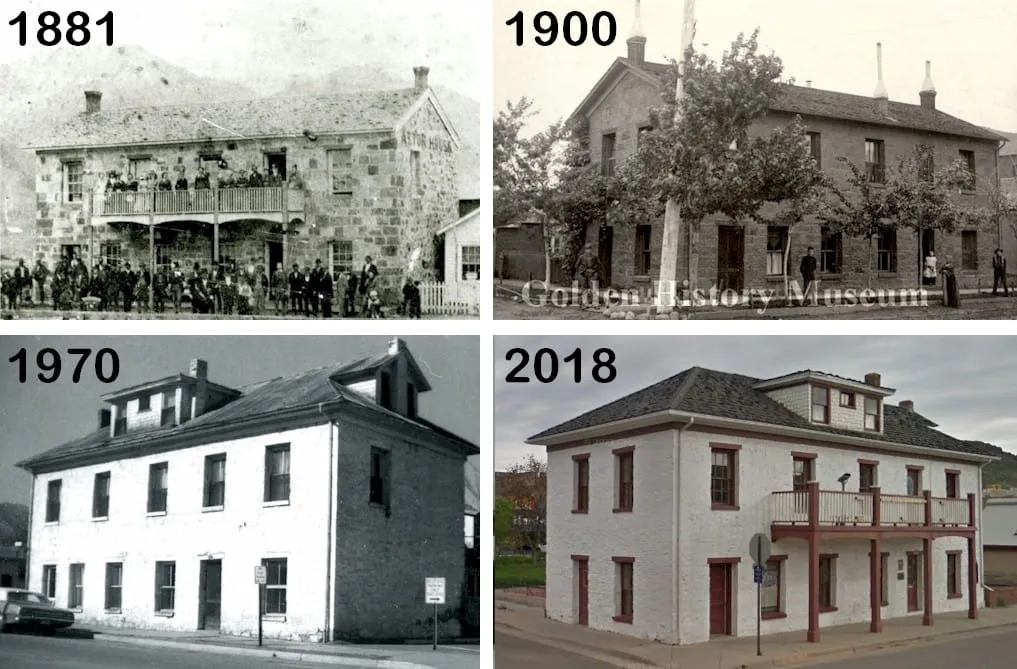 views of the Astor House in 1881 and 1900 (unpainted stone) and 1970 and 2018 (painted white, with added 3-story gables)