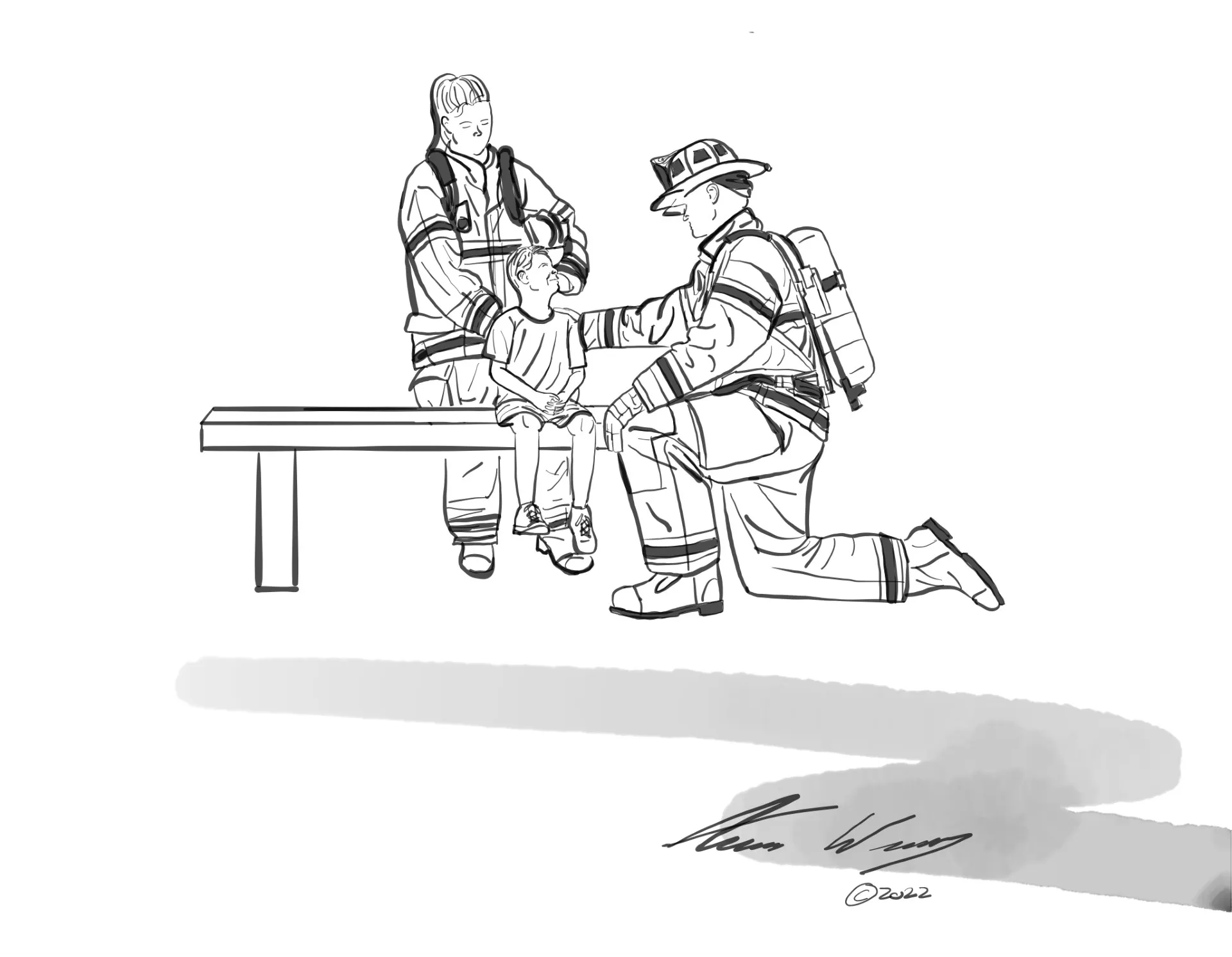 drawing showing a seated child and male and female firefighters comforting him