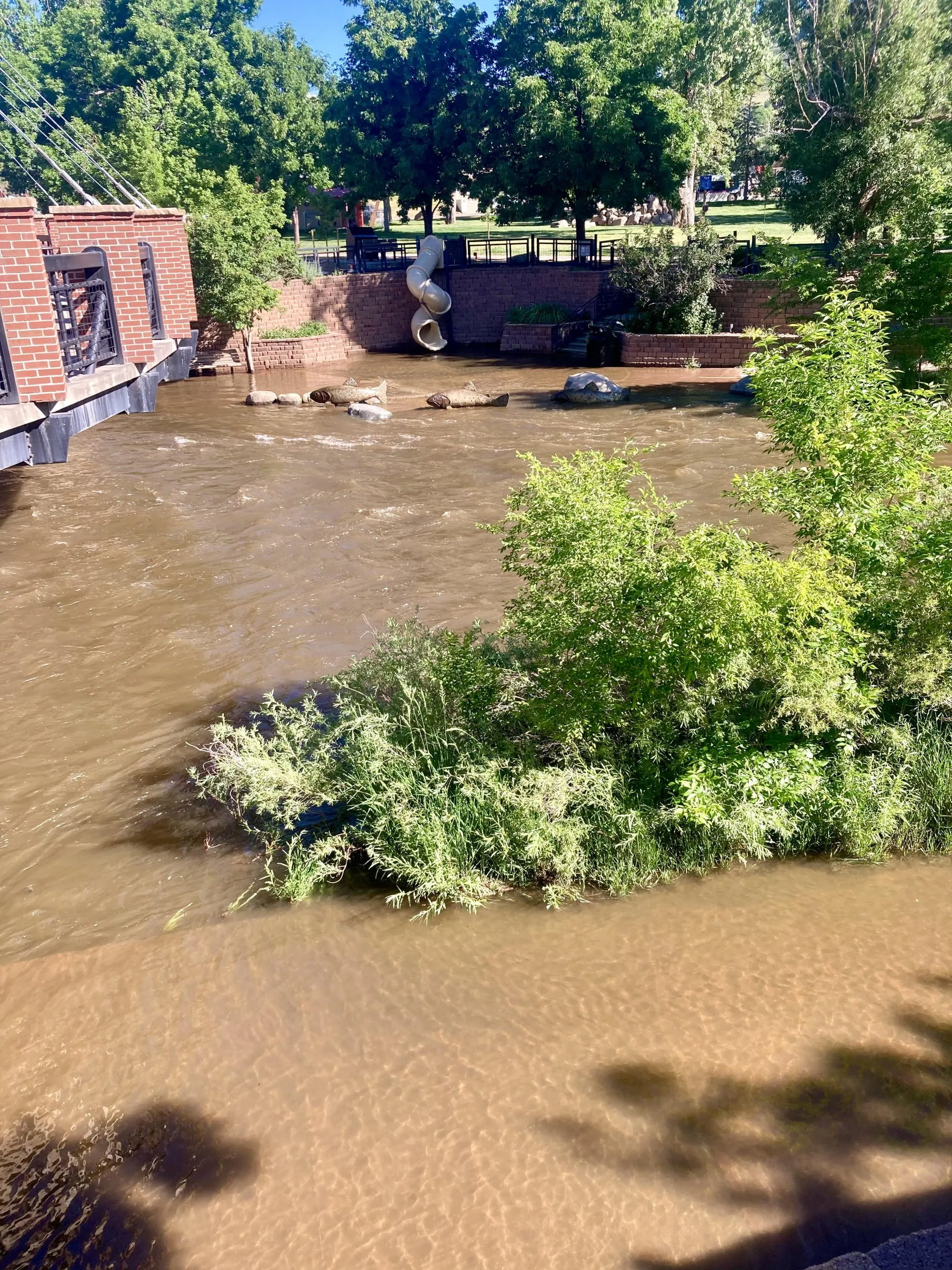 Clear Creek rising above its banks on the east side of the Washington Avenue bridge.  The water is churned and brown.