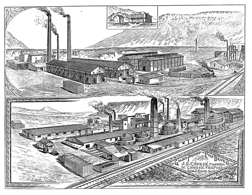 pen and ink drawing of a brick factory, including 6 kilns with rounded roofs