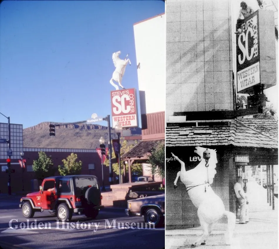 Color photo showing the Steve's Corner sign with rampant horse.  Black & white photo showing horse being raised to sign