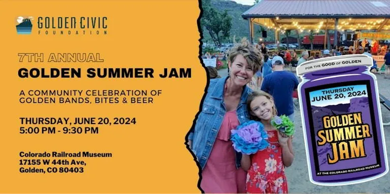 Golden Civic Foundation's Golden Summer Jam shows a woman with little girl and a lighted pavilion in the background