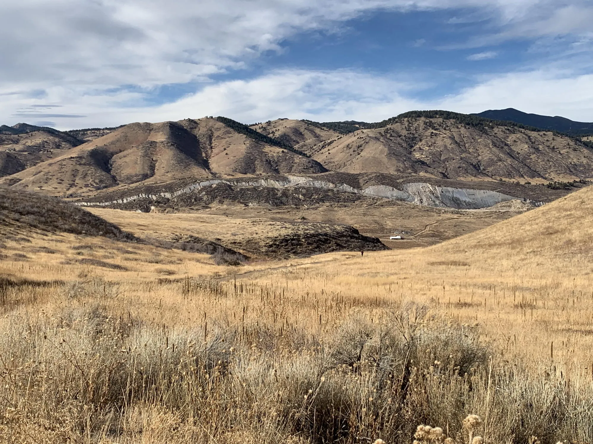 Front range of the Rockies, seen from N.Table Mountain.  A wide area where top soil was scraped away appears along a ridge.