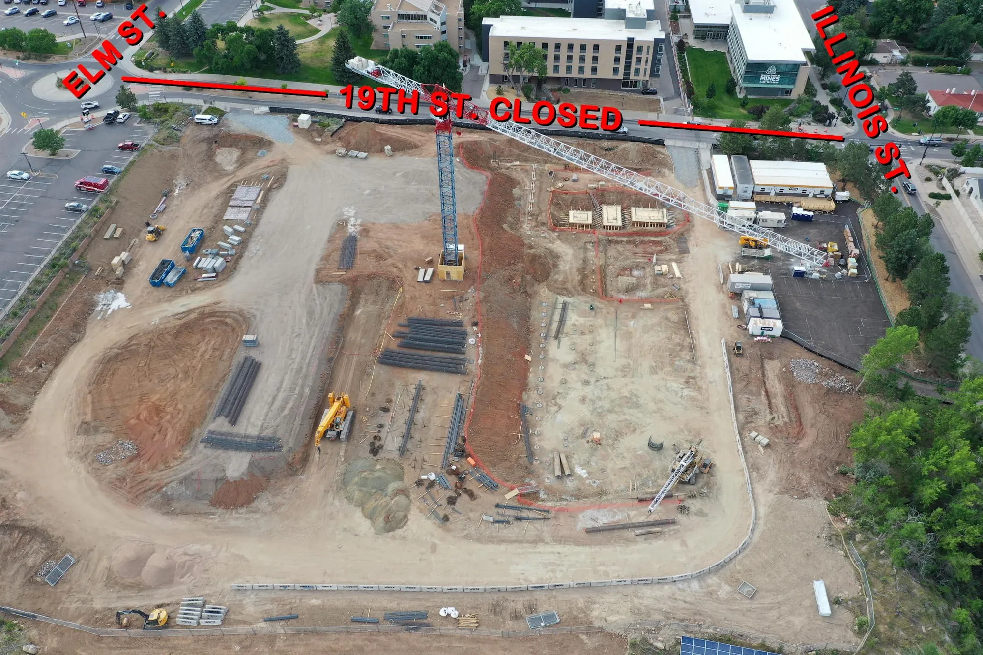 aerial photo of construction site between Elm & Illinois with "19th St. Closed" labeled