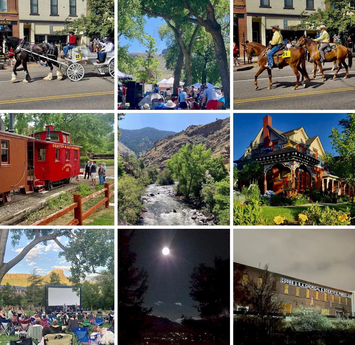 9 scenes of Golden insummer, including Buffalo Bill Days, Movies in the Park, Clear Creek Railroad Museum