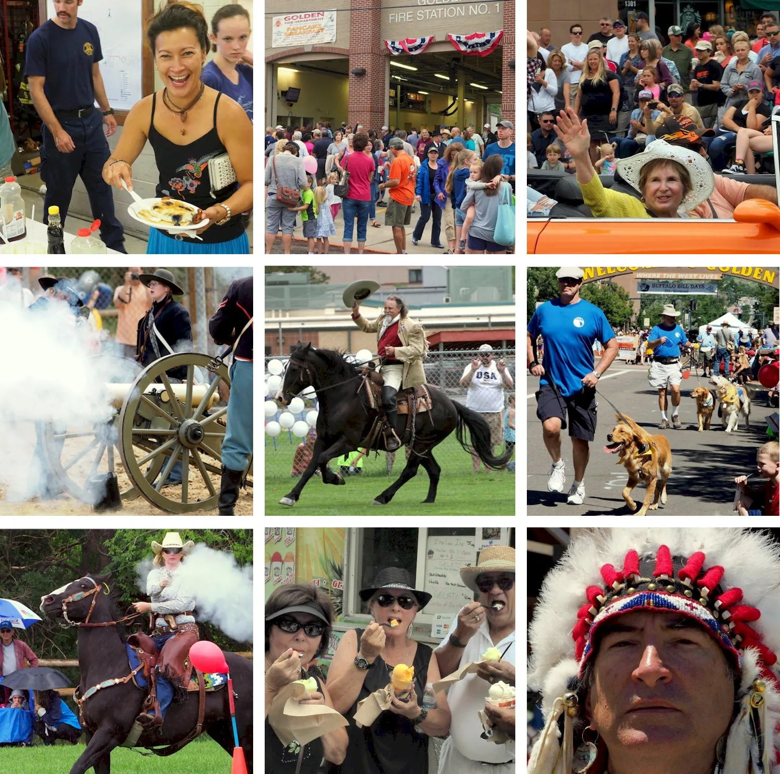 9 panels showing people laughing & eating, a woman waving from a convertable, Buffalo Bill on a horse, and an Indian Chief