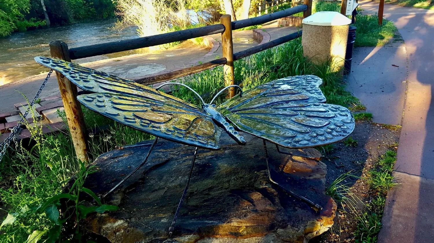 bronze butterfly sculpture - raindrops on sculpture & sidewalk, morning sun slanting across scene