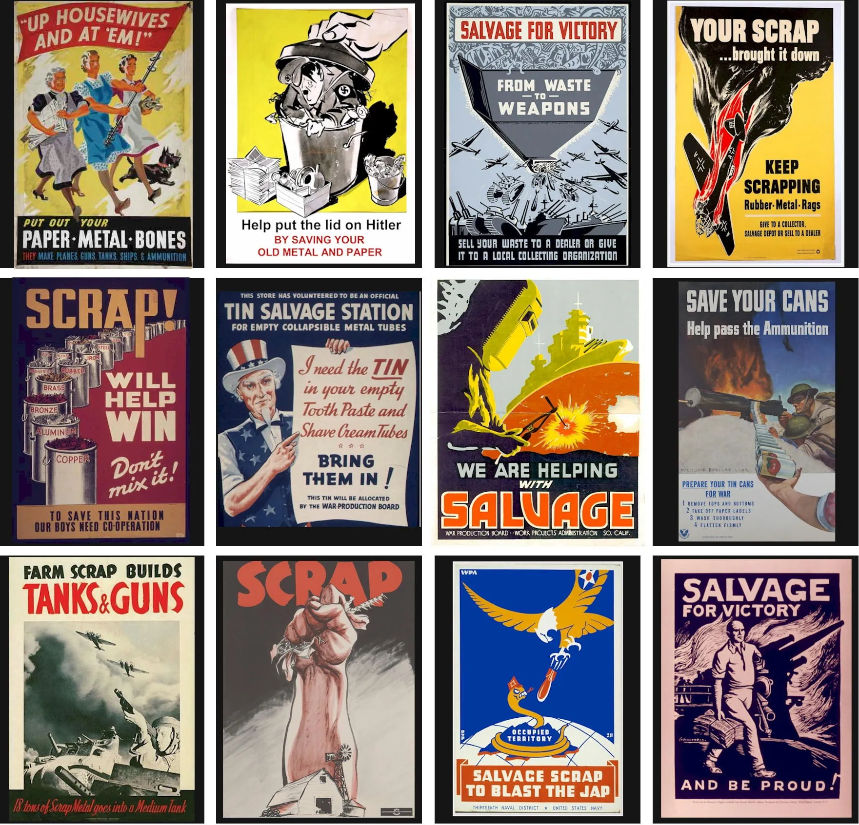 World War II propaganda posters urging people to recycle to support the war effort