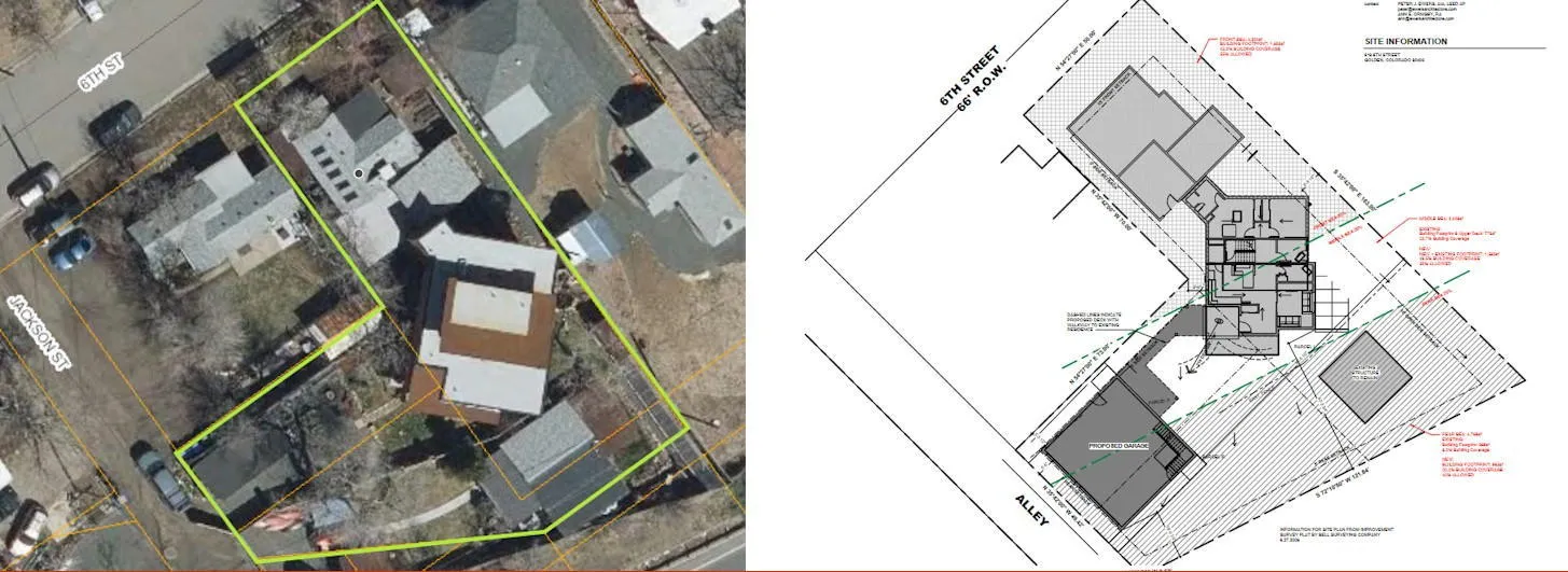 satellite view of L-shaped property with several structures next to architects plan showing property with garage addition