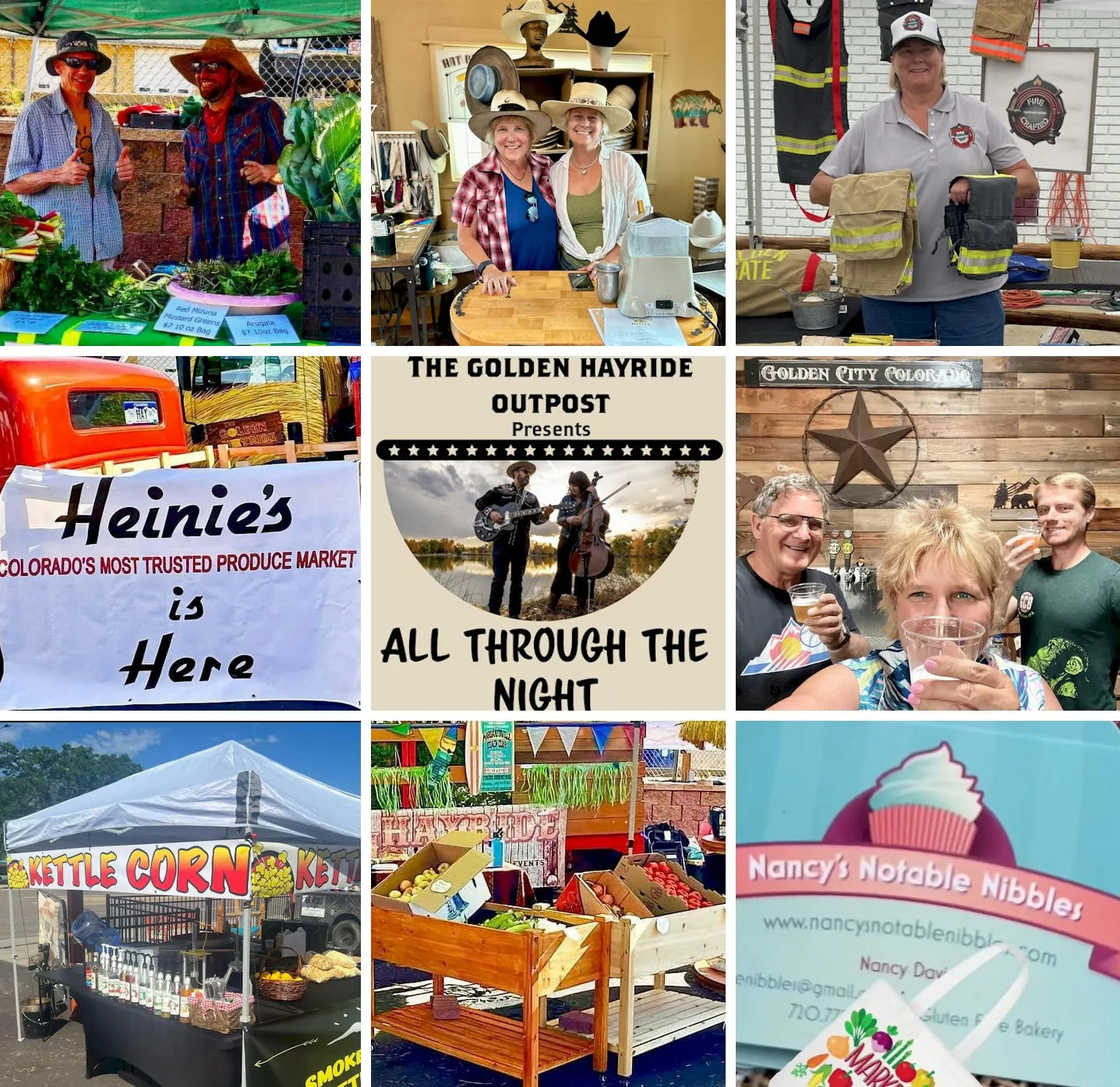 9 images showing vendors of vegetables, hats, fruit, drinks, and kettle corn 