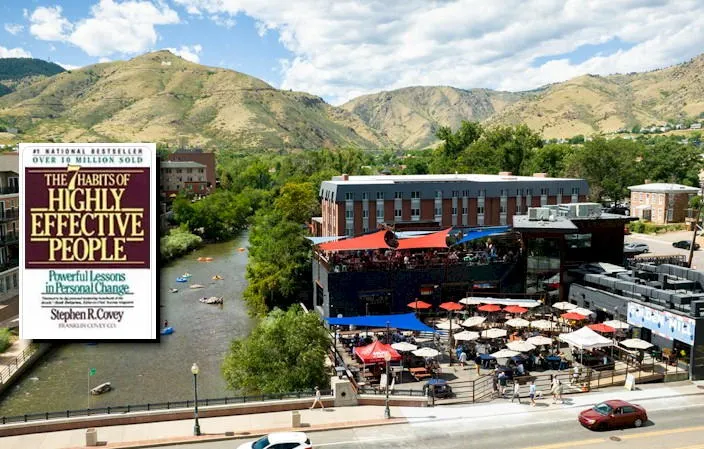 aerial photo of the Golden Mill and Clear Creek with cover of "The 7 Habits of Highly Effective People"