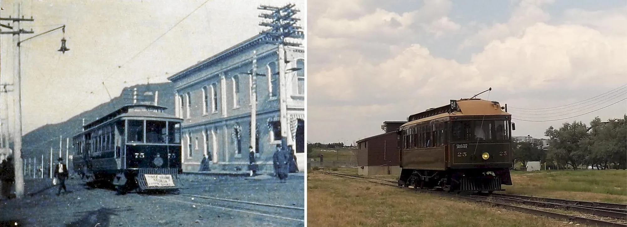 old black & white photo of a streetcar in Golden - dirt streets - and a street car on tracks in an open field