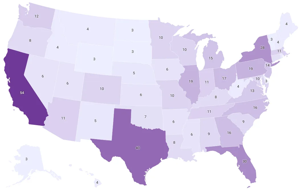 United States map showing the number of electoral votes on each state