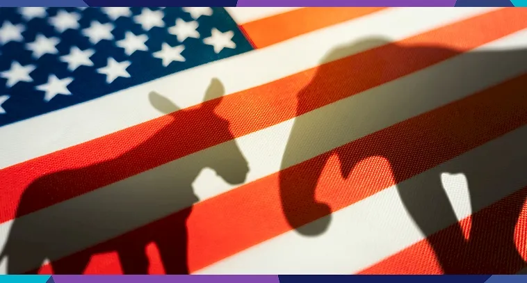 Silhouettes of donkey and elephant behind the American flag