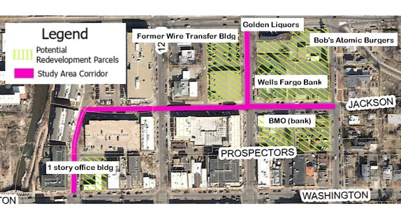 Satellite image of downtown Golden, ford to Washington, 11th to14th, with Jackson and parts of 11th and 13th highlighted