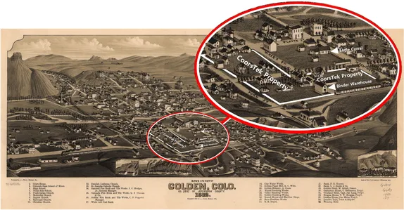 hand-drawn view of Golden in 1882.  A warehouse next to the railroad and a nearby commercial building are circled
