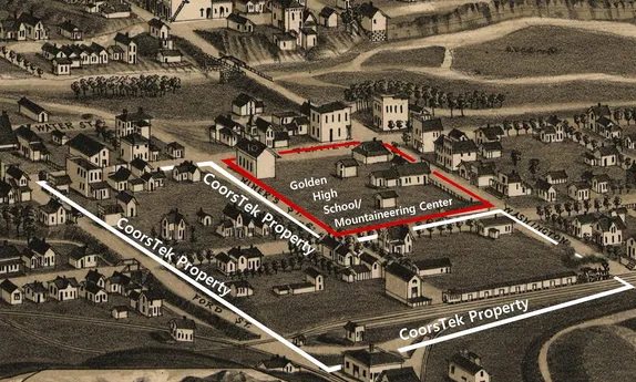 hand-drawn 3D view of Golden in 1882 shows several houses on the property now occupied by CoorsTek
