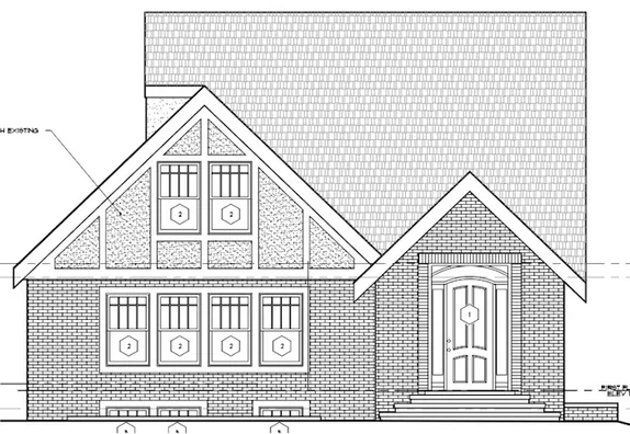 computer-generated rendering of a brick house with peaked roofs