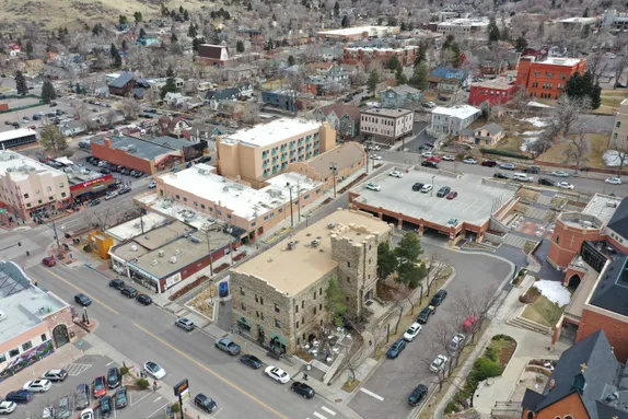 Drone shot showing the Armory,Table Mountain Inn, Engineering Hall, Methodist Church, and more