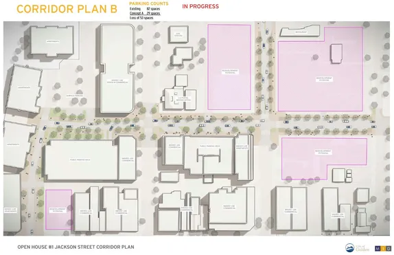 map showing conceptual changes for Jackon, 13th and 11st Streets--narrower streets with more trees, less parking