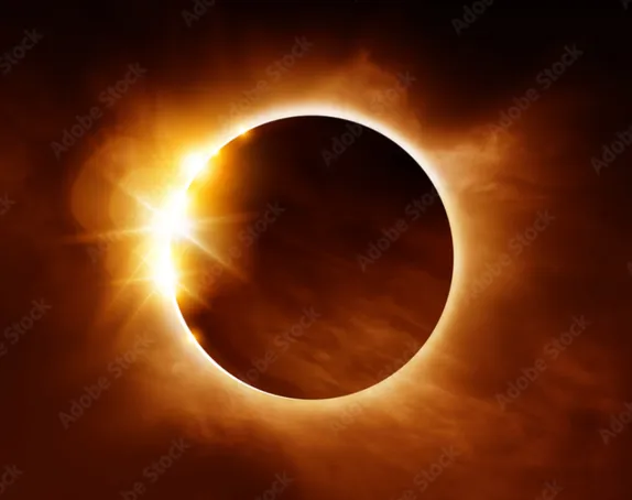 full solar eclipse with yell-orange corona against black background