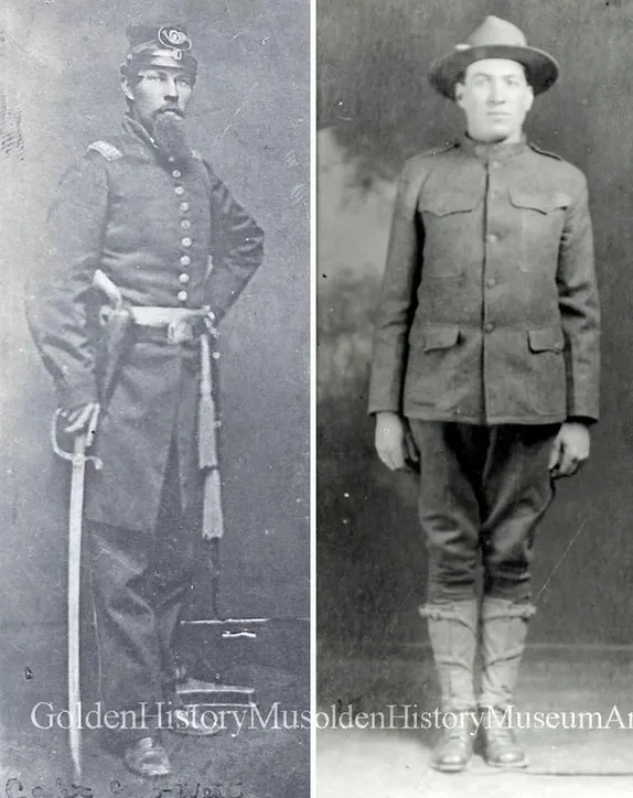 photos of two men, one dressed as an officer with sword and pistol, one as a World War I soldier