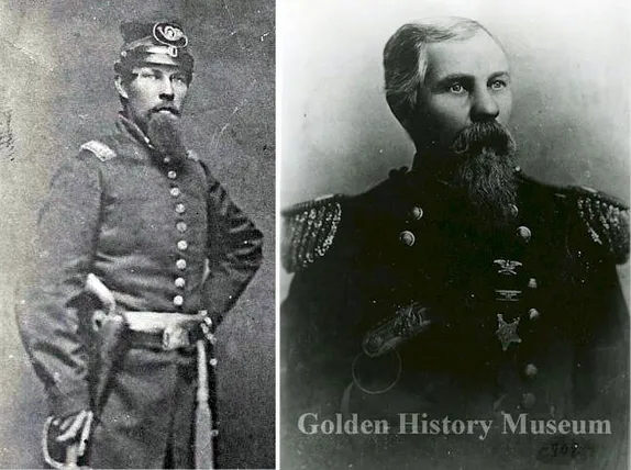 left: young bearded man in CivilWar officer's uniform. Right: same man, older, in general's uniform with medals 